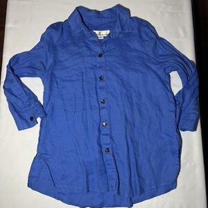 Caroline Rose 100% Linen Riviera Blue Button Down Shirt Sz MP Petite 3/4 Sleeve